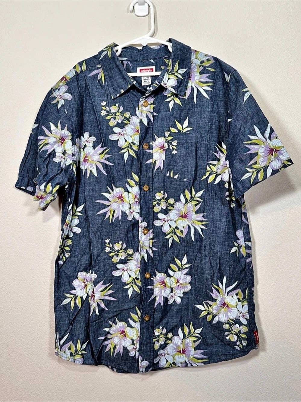 Wrangler Floral Button Down Shirt Tropical Hawaiian Blue Purple Boy Youth XL